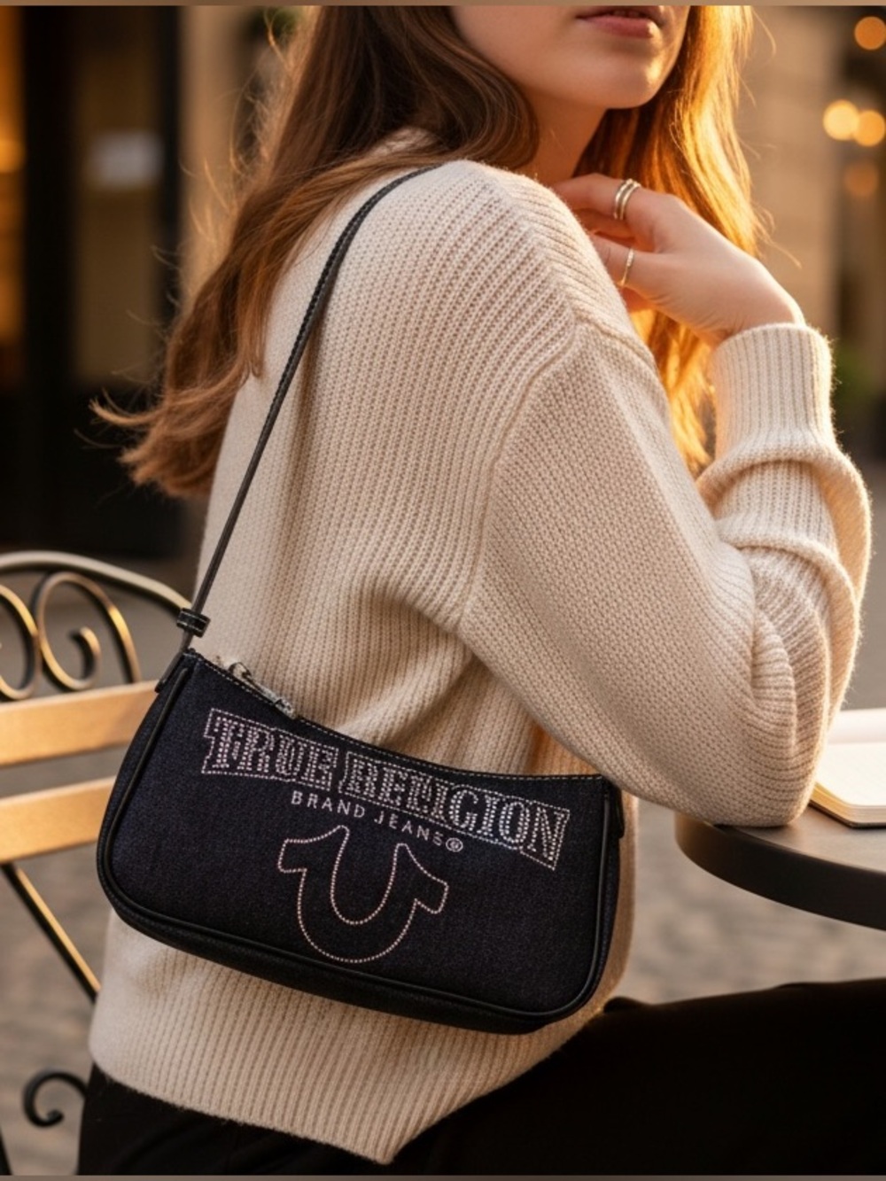NWT True Religion Bling Logo Denim Shoulder Bag